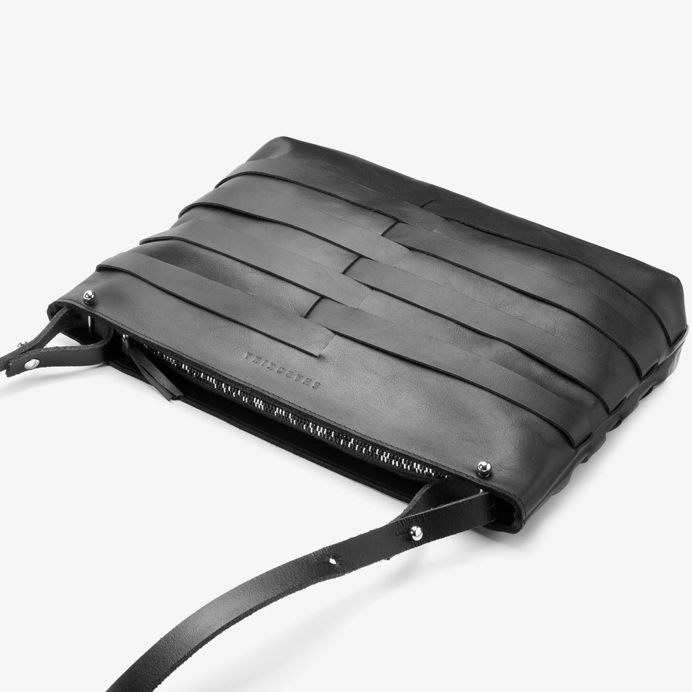 Black leather bag, removable strap, adjustable length, two-tone metal zipper, extravagant evening bag. SHAROKINA Fina Mesh