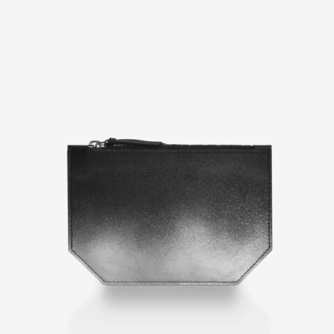 Etui aus Leder in Schwarz und Silber, Farbverlauf, zweifarbiger Metall-Reißverschluss. SHAROKINA Seta Fade