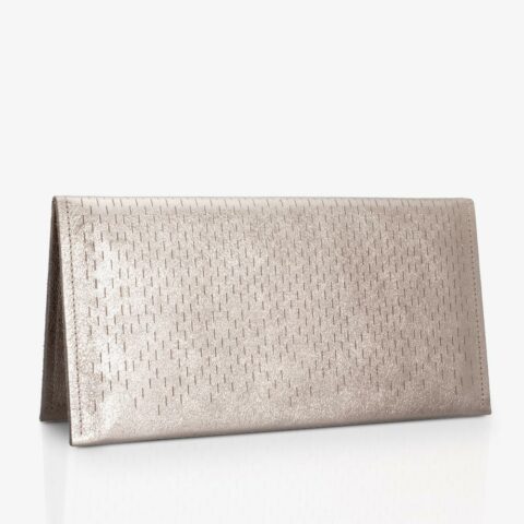 Bronze leather clutch with laser cut, elegant metallic leather evening bag with two-tone metal zipper. SHAROKINA Pola Slice