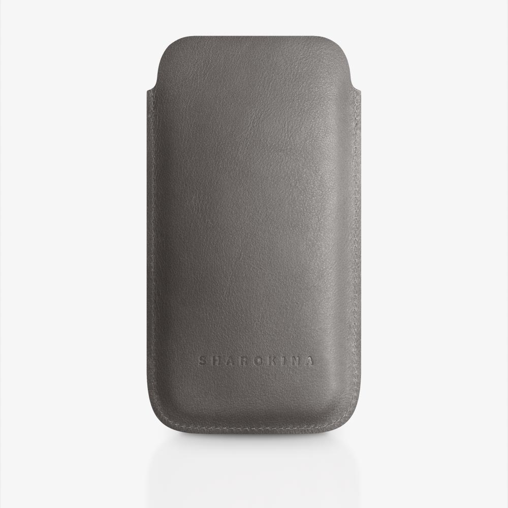 Leather smartphone case in gray with geometric pattern laser engraving. SHAROKINA Cava Polygon