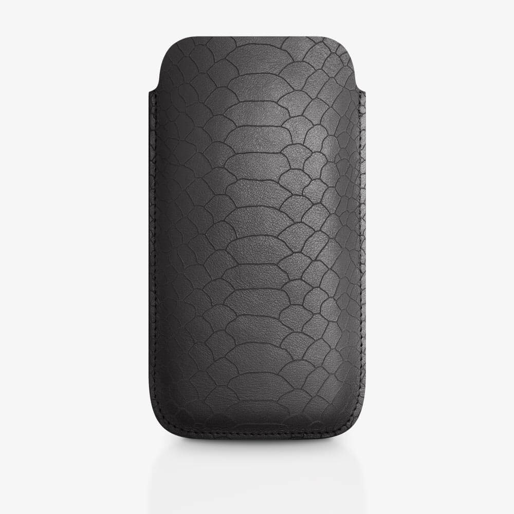 Leather cell phone case in black, snake-look laser engraving. SHAROKINA Cava Snake
