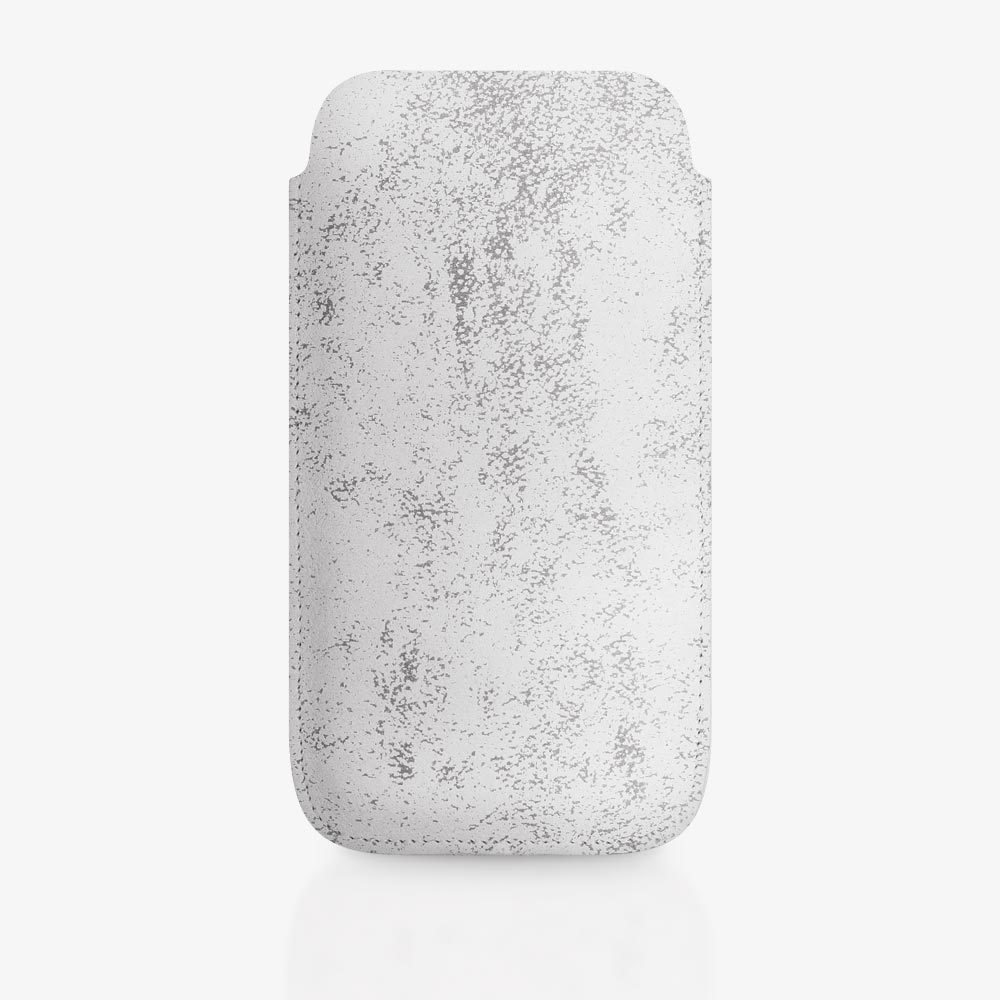 Leather cell phone case in white with gray silk screen print in marble look. SHAROKINA Cava Trace