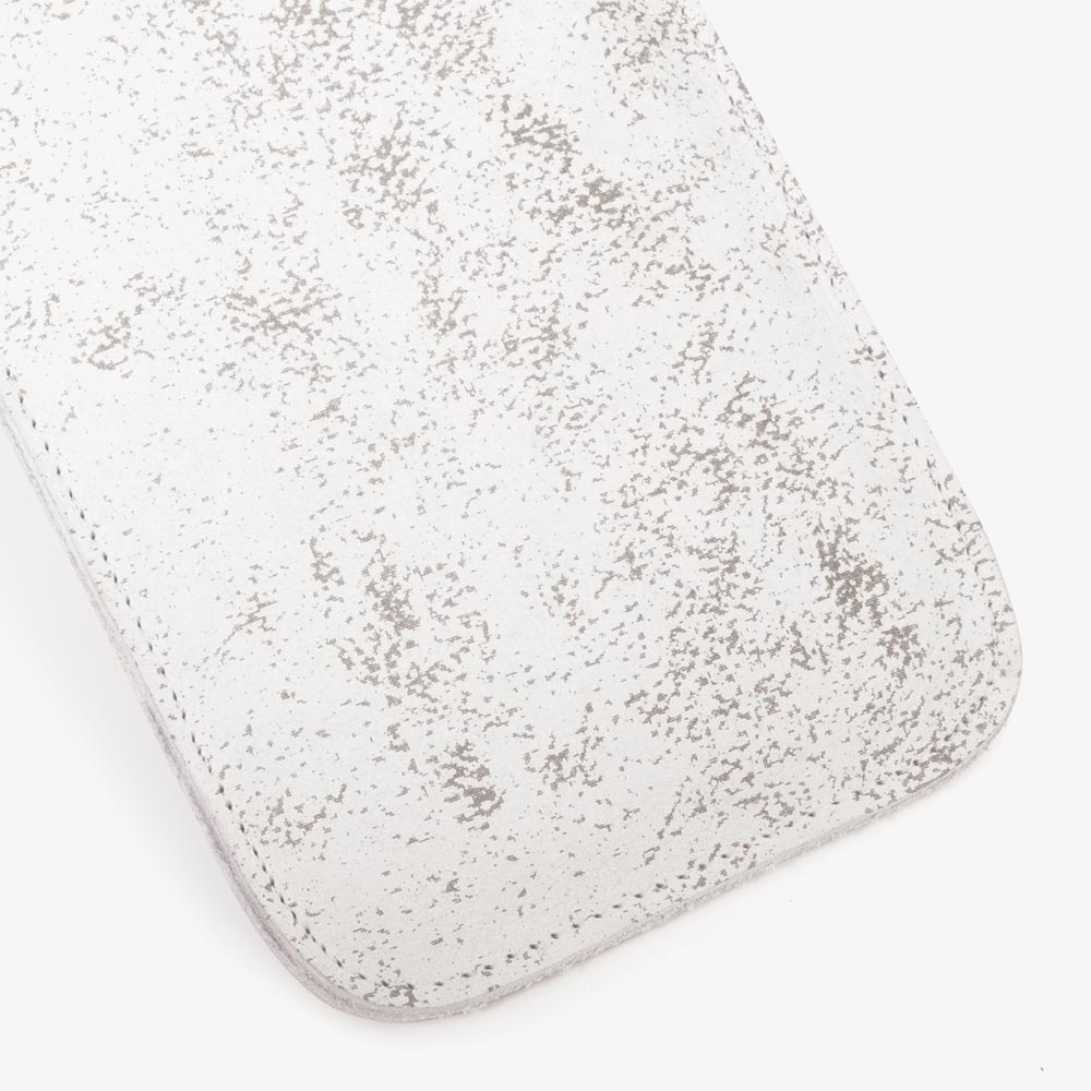 Leather cell phone case in white with gray silk screen print in marble look. SHAROKINA Cava Trace