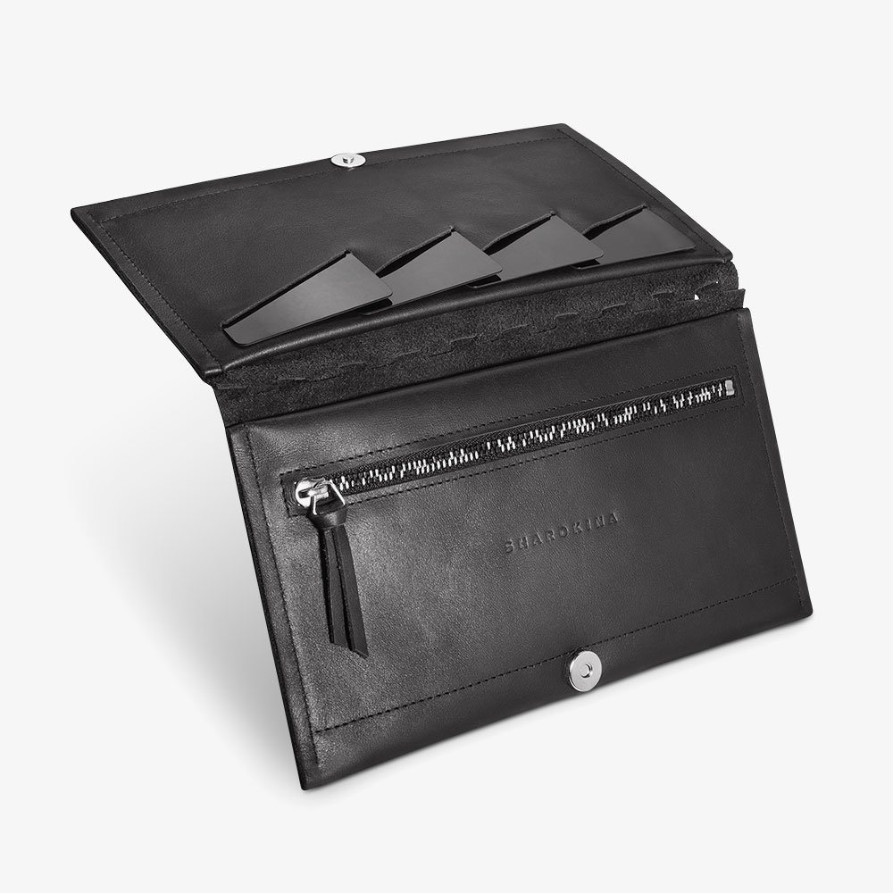 Großes, Portemonnaie aus Leder in Schwarz für Damen. Geldbörse mit zweifarbigem Metall-Reißverschluss. SHAROKINA Conda Mesh