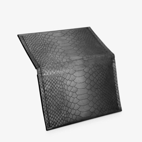 Ladies black leather wallet with laser-engraved snake-look. Wallet with two-tone metal zipper. SHAROKINA Conda Snake