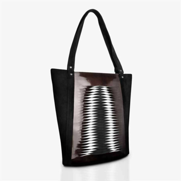 Handbag in suede and patent leather in black & dark red with lamellar effect. SHAROKINA Hide and Seek Lacquered Tote
